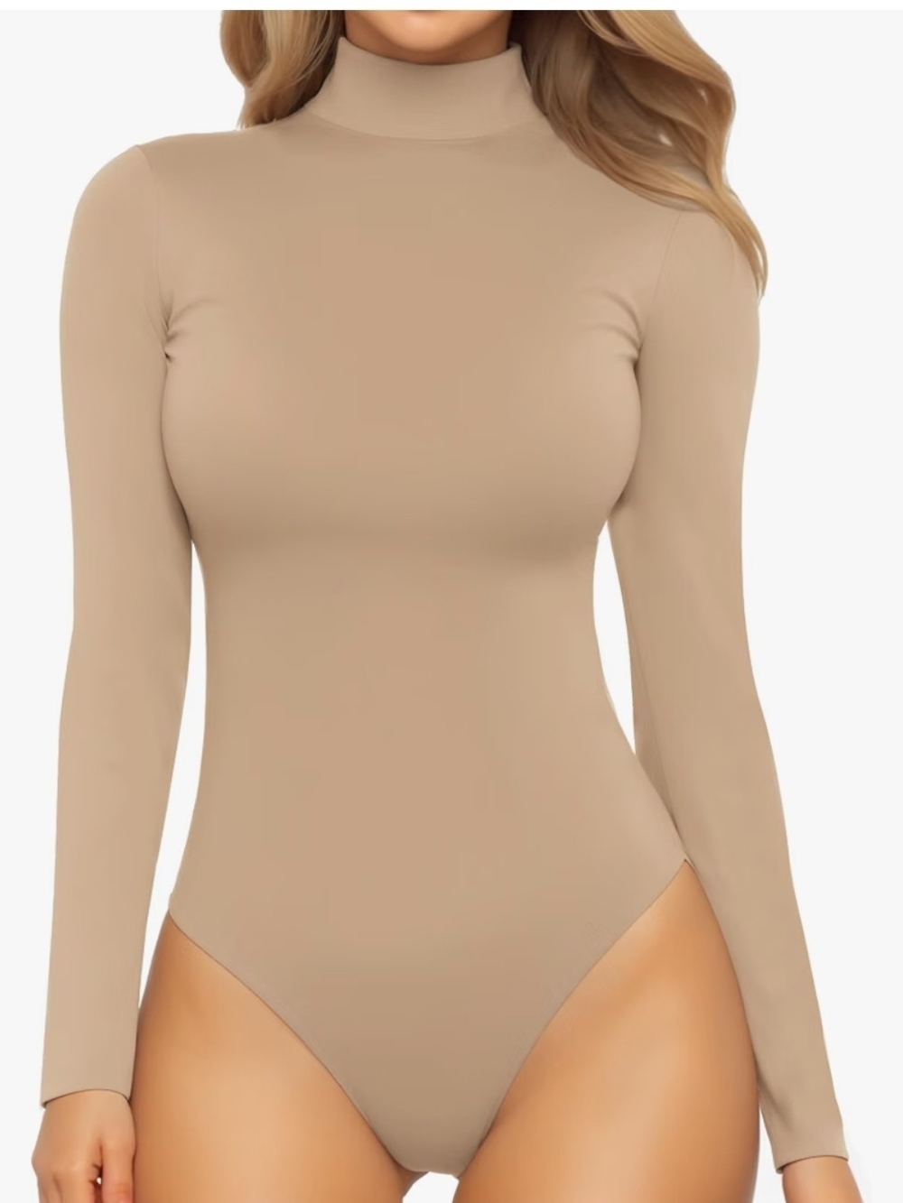 Womens Mock Neck Long Sleeve Bodysuit Beige Tan Nude Sz Small Basic Layering